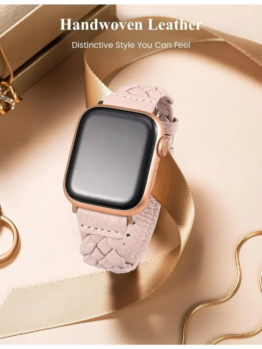 Women's Pink/Rose Gold Braided Leather Strap Compatible with Apple Wrist Watch